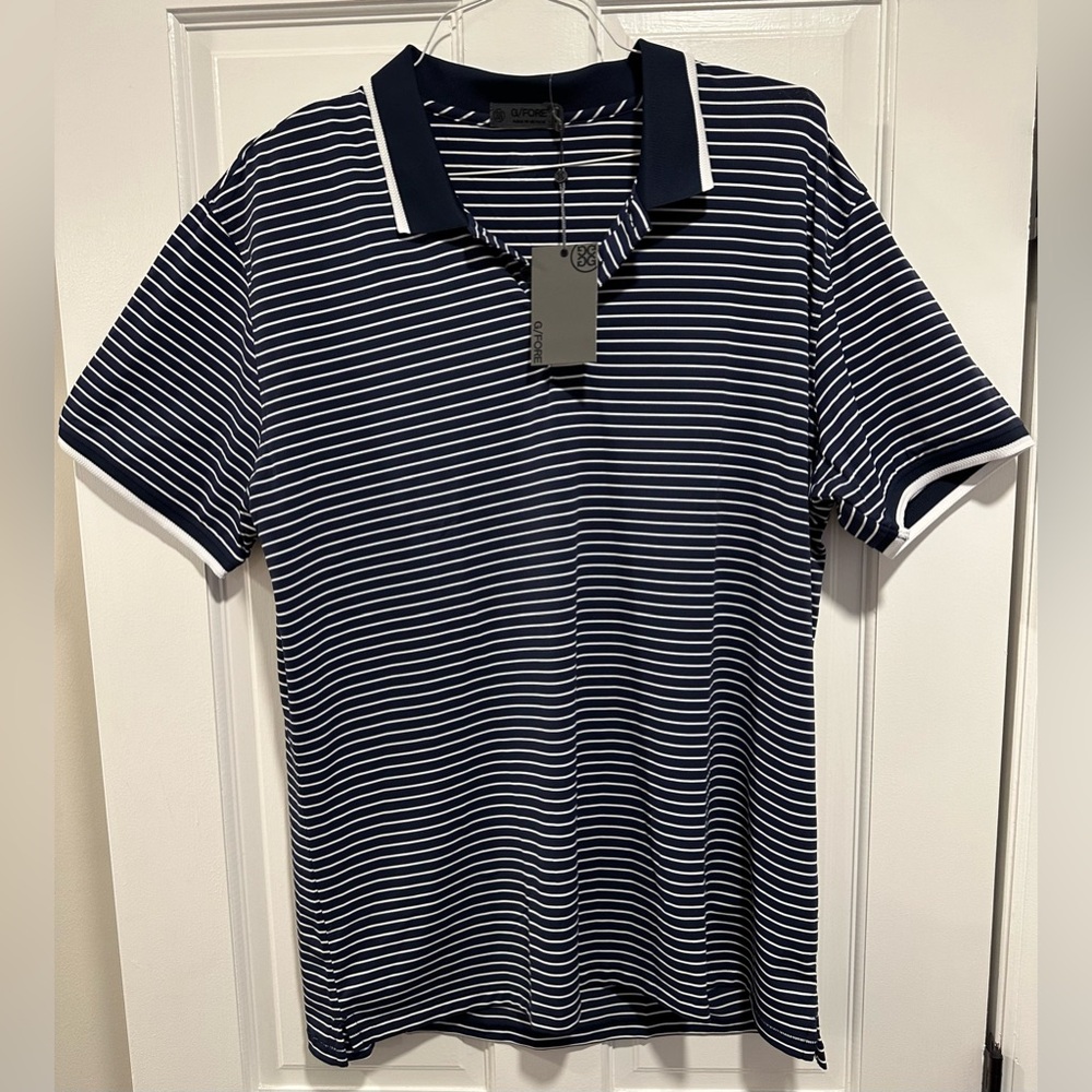 Mens XL G/FORE Navy Blue & White Stripe Short Sleeve Polo NWT